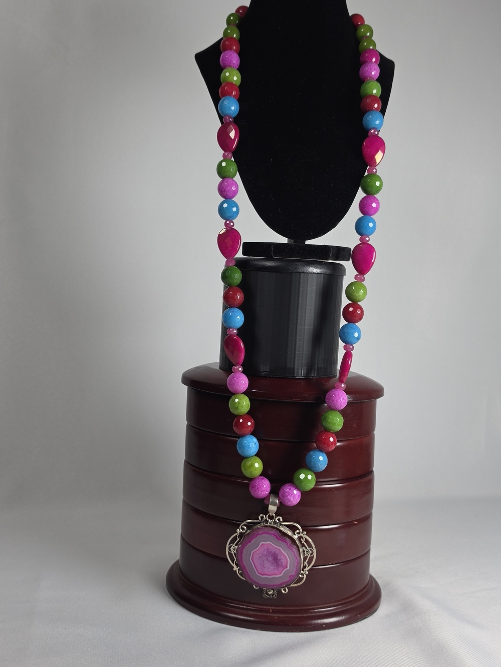 Handmade Sterling Silver 925 Agate Geode Pendant Multi-Color Jade Necklace Set